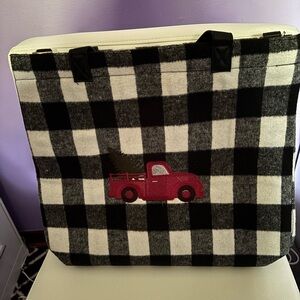 Black and white plaid Tote w/red truck Christmas and cosmetic pouch - NWOT